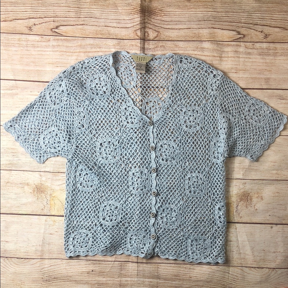 Teddi Light Blue Crochet Button-Up Short Sleeve Cardigan